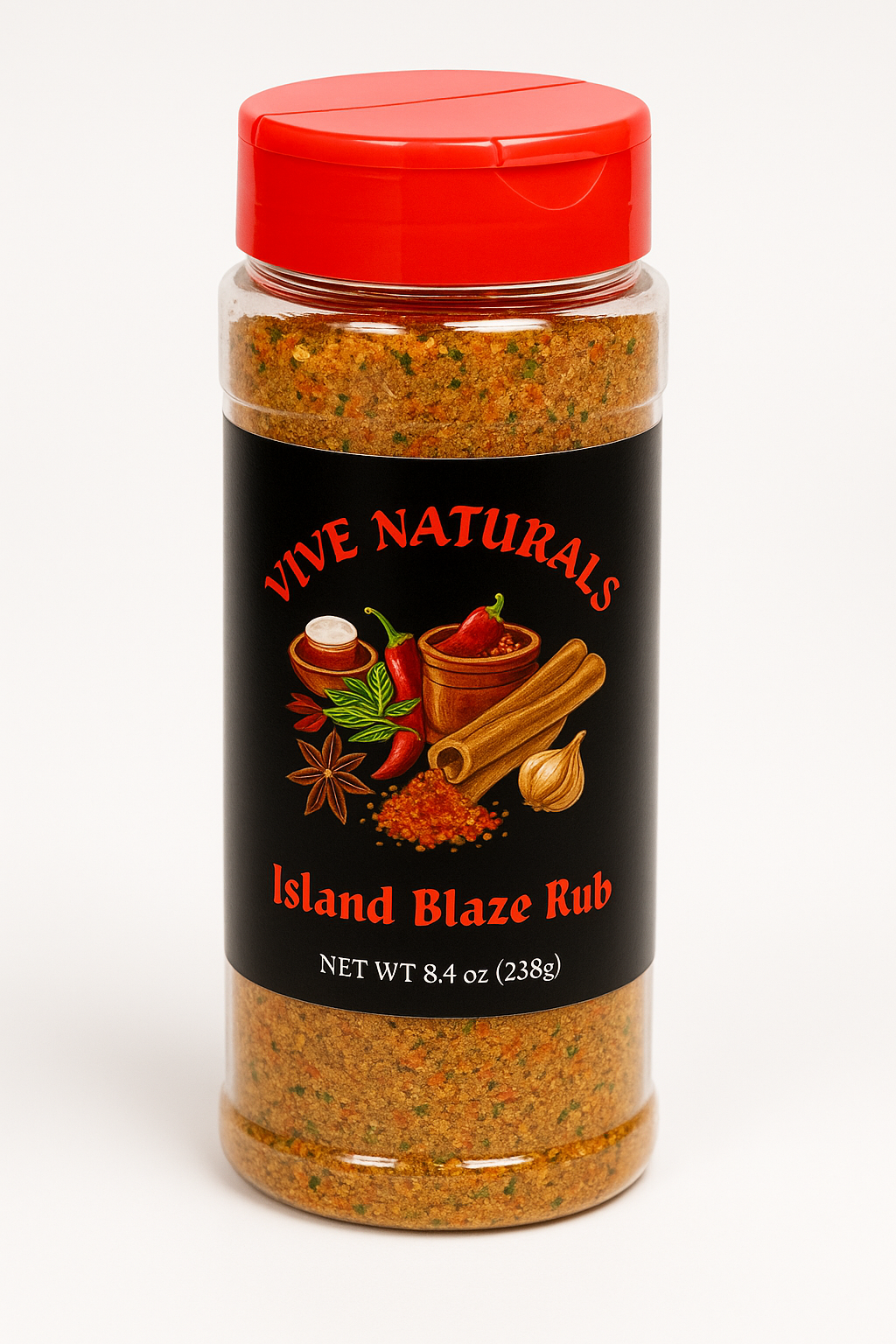 Bottle of Island Blaze Caribbean Spice Rub for Chicken, Brisket & Ribs.