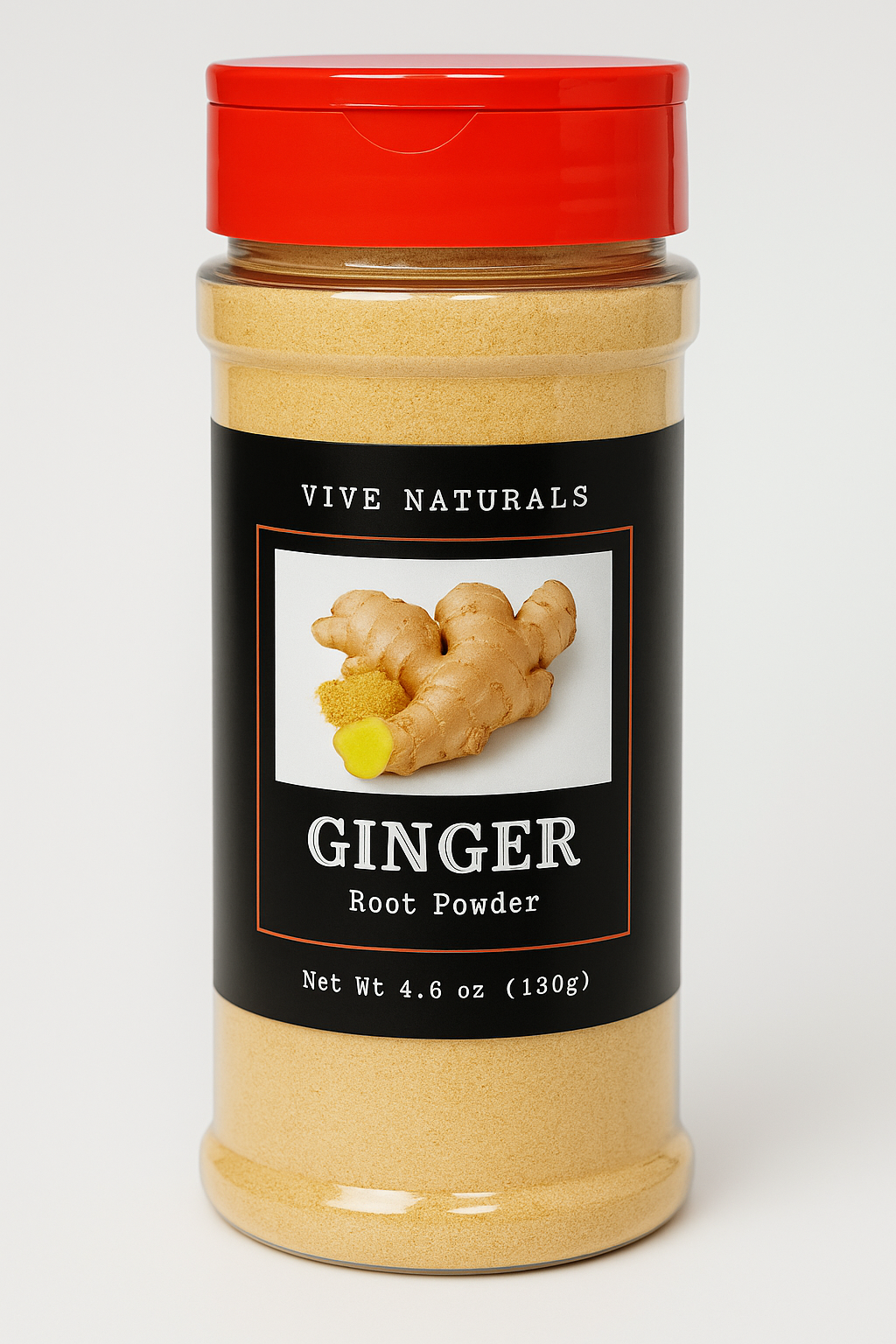 Clear container of 100% pure & natural ginger root powder.