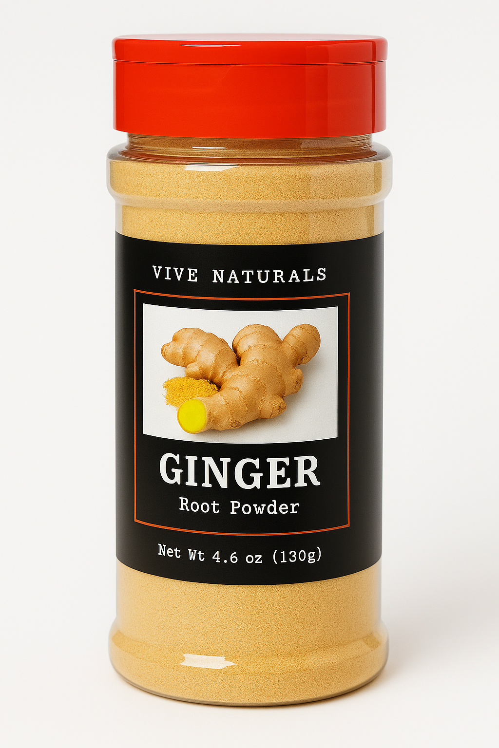 Clear jar of 100% pure ginger root powder.