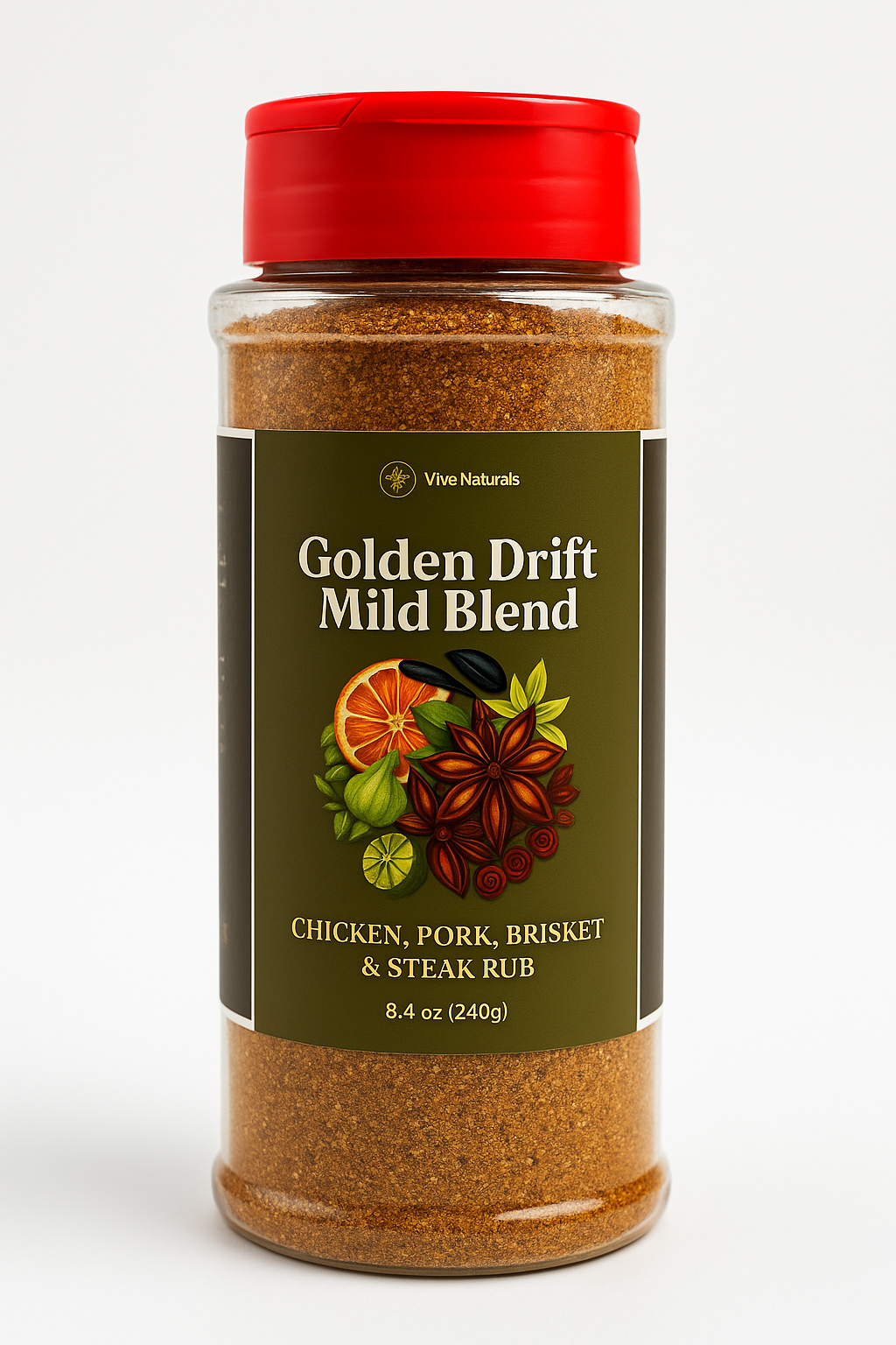 Jar of Golden Drift Mild Blend Spice with Sweet, Smoky, and Herbaceous Seasoning.